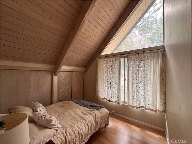 39500 Canyon Dr, Forest Falls, CA 92339 - bedroom featuring wood ceiling, baseboards, vaulted ceiling with beams, and wood finished floors