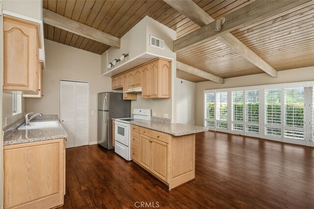 2516 Bayside Dr, Corona Del Mar, CA 92625 - kitchen with wood ceiling, a sink, light brown cabinetry, and electric stove