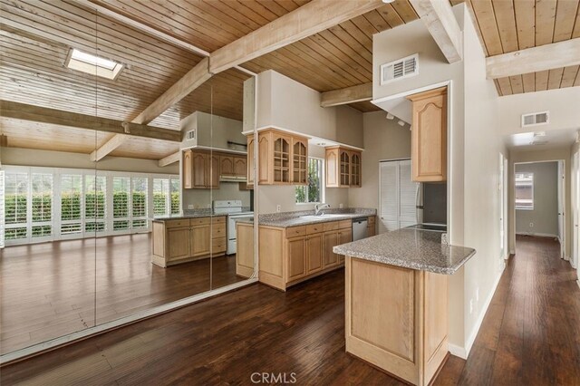 2516 Bayside Dr, Corona Del Mar, CA 92625 - kitchen featuring visible vents, wooden ceiling, beam ceiling, white electric range, and stainless steel dishwasher