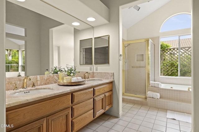 2101 Fox Den Ct, Oxnard, CA 93036 - bathroom featuring tile patterned flooring, a sink, and lofted ceiling