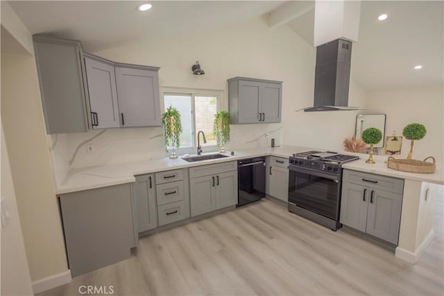 3456 Crownsworth St, Corona, CA 92879 - kitchen with a sink, stainless steel gas stove, wall chimney range hood, gray cabinetry, and dishwasher