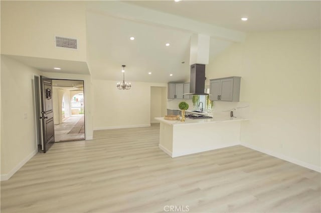 3456 Crownsworth St, Corona, CA 92879 - kitchen featuring light wood-style floors, island exhaust hood, visible vents, a peninsula, and gray cabinetry