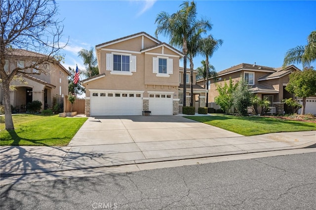 8481 Attica Dr, Riverside, CA 92508 - view of front of house featuring a front lawn, concrete driveway, an attached garage, stucco siding, and stone siding
