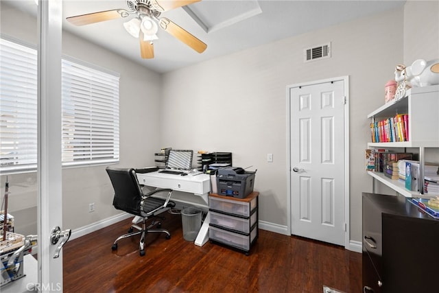 8481 Attica Dr, Riverside, CA 92508 - office area featuring ceiling fan, baseboards, wood finished floors, and visible vents