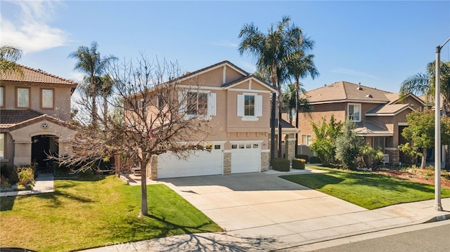 8481 Attica Dr, Riverside, CA 92508 - view of front of home with a garage, driveway, stone siding, and stucco siding