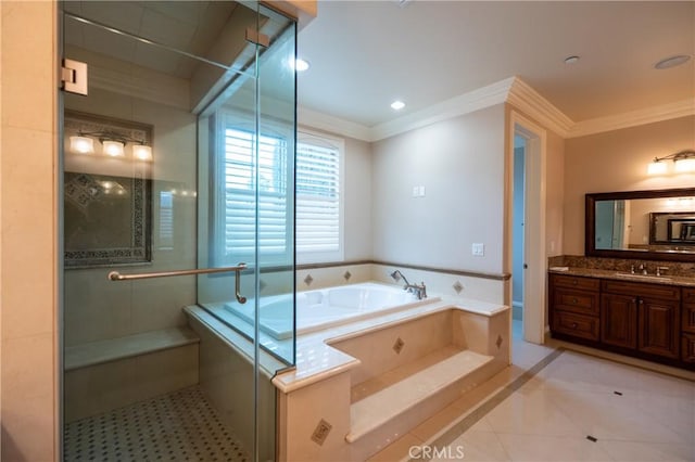 bathroom with a bath, a shower stall, ornamental molding, and vanity