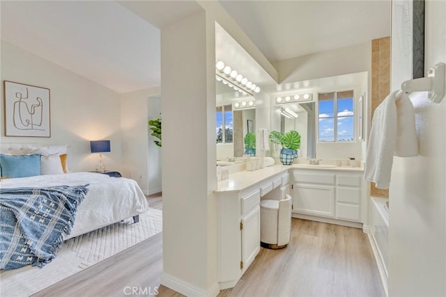interior space with wood finished floors, a bathing tub, vanity, and plenty of natural light