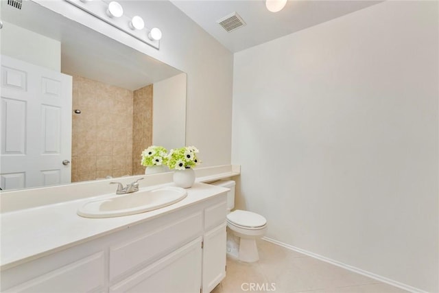 bathroom with tile patterned floors, visible vents, toilet, vanity, and baseboards