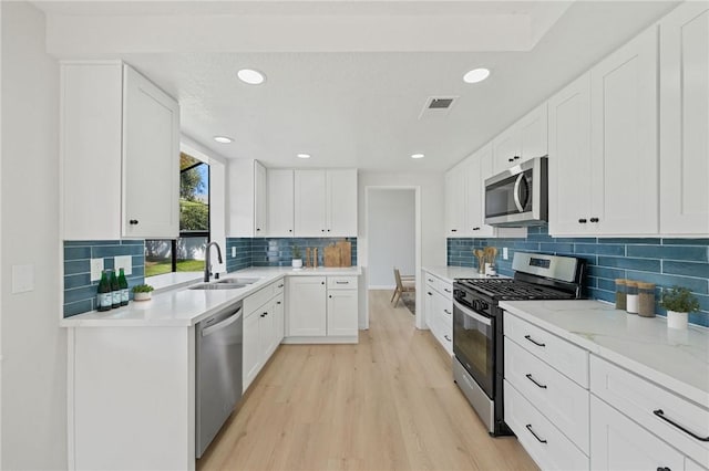 kitchen featuring appliances with stainless steel finishes, visible vents, decorative backsplash, light wood finished floors, and a sink