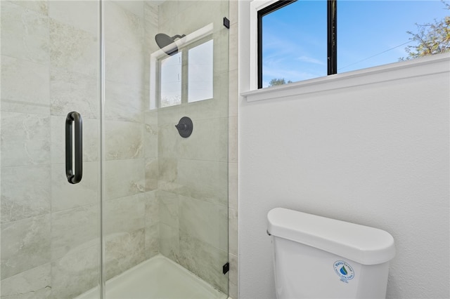 full bathroom featuring toilet and a shower stall