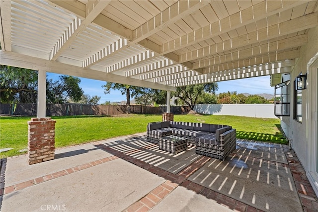 view of patio / terrace featuring a fenced backyard, an outdoor living space, and a pergola