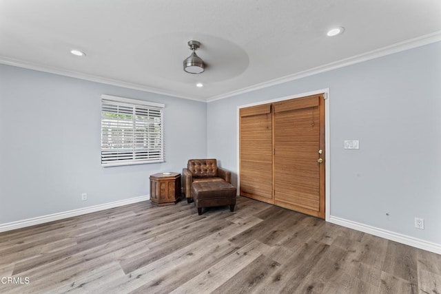 19459 Lull St, Reseda, CA 91335 - sitting room with ornamental molding, wood finished floors, recessed lighting, baseboards, and a ceiling fan