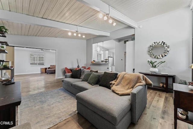 19459 Lull St, Reseda, CA 91335 - living room featuring beam ceiling, light wood-style floors, rail lighting, and baseboards
