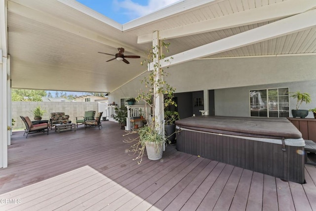 19459 Lull St, Reseda, CA 91335 - wooden terrace featuring a hot tub, fence, and ceiling fan