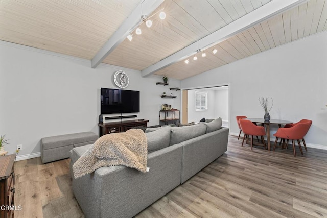 19459 Lull St, Reseda, CA 91335 - living room featuring rail lighting, baseboards, wood finished floors, and wood ceiling
