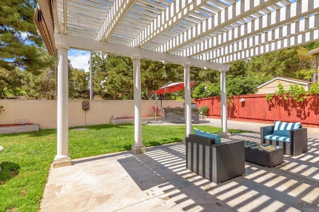 view of patio with a pergola, an outdoor hangout area, and a fenced backyard