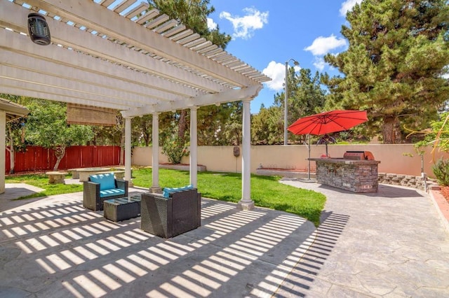 view of patio / terrace featuring a fenced backyard, outdoor dry bar, a pergola, and outdoor lounge area
