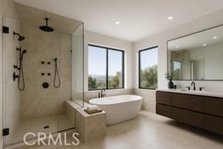 24932 Normans Way, Calabasas, CA 91302 - full bath featuring a walk in shower, a freestanding tub, vanity, and recessed lighting