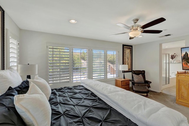 1685 Brezar St, Chula Vista, CA 91913 - bedroom with light colored carpet, recessed lighting, a ceiling fan, and ensuite bathroom