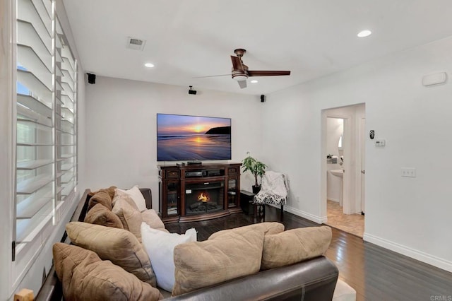 1685 Brezar St, Chula Vista, CA 91913 - living room featuring ceiling fan, wood finished floors, and recessed lighting