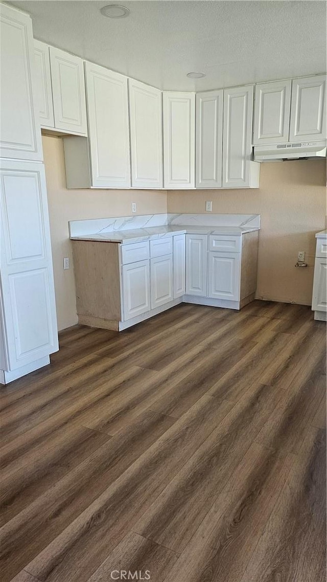 kitchen with white cabinets, dark wood-type flooring, and under cabinet range hood