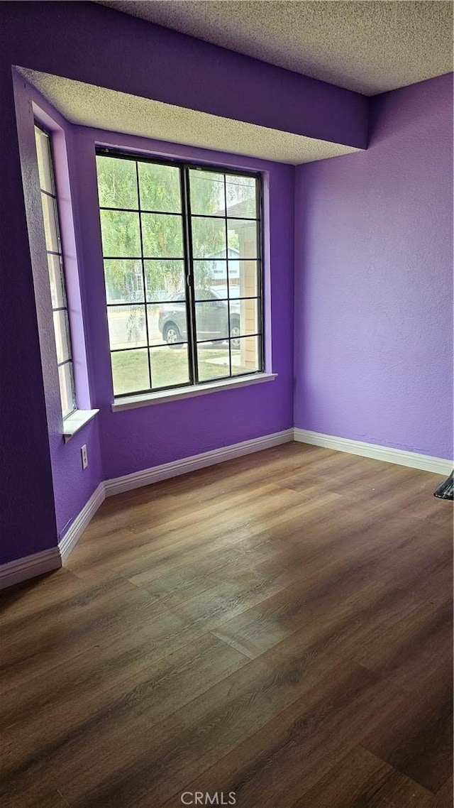 empty room featuring a textured ceiling, wood finished floors, and a healthy amount of sunlight