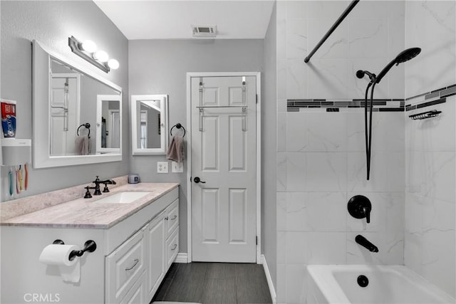 bathroom with shower / washtub combination, visible vents, and vanity