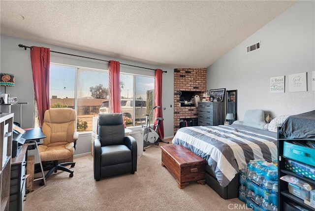 bedroom featuring visible vents, a textured ceiling, vaulted ceiling, and light colored carpet