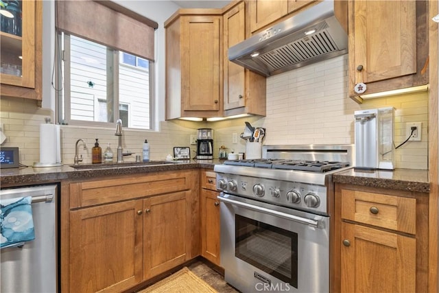 kitchen with dark stone counters, tasteful backsplash, a sink, stainless steel appliances, and under cabinet range hood