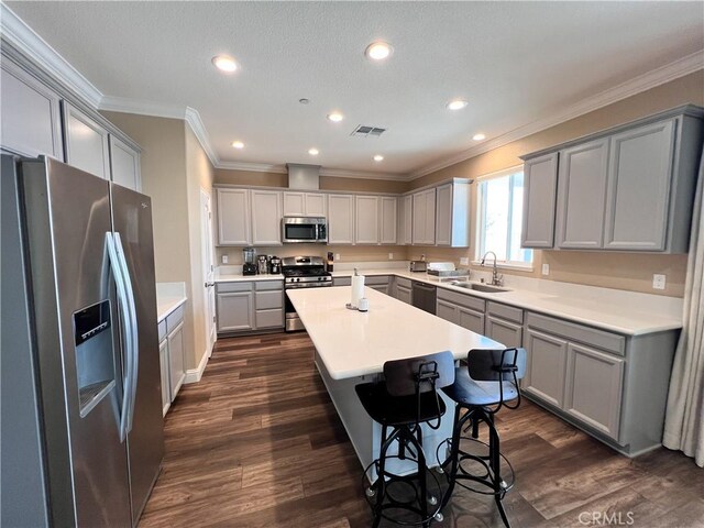 kitchen featuring a sink, visible vents, gray cabinetry, and stainless steel appliances