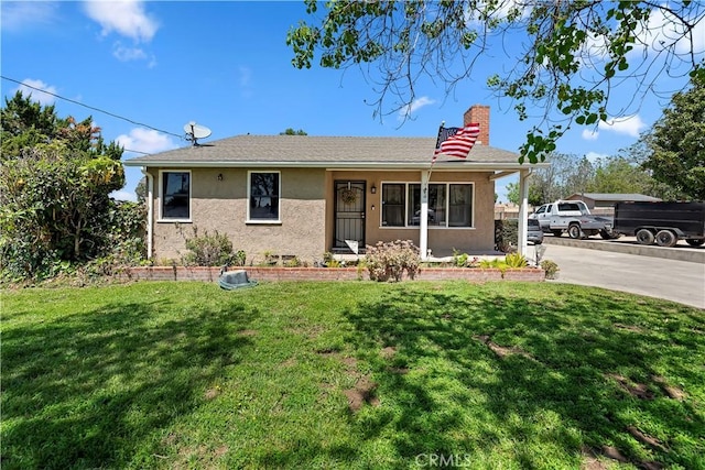22432 Van Buren St, Grand Terrace, CA 92313 - view of front of house with covered porch, stucco siding, a front lawn, and a chimney