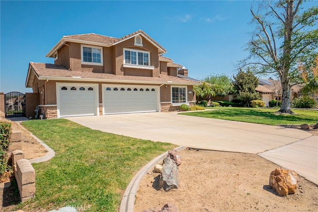 view of front facade featuring an attached garage, a gate, driveway, and stucco siding