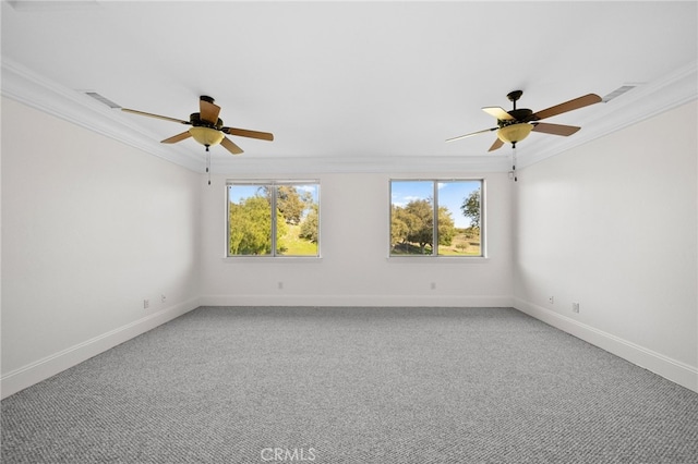 unfurnished room with ceiling fan, ornamental molding, and baseboards