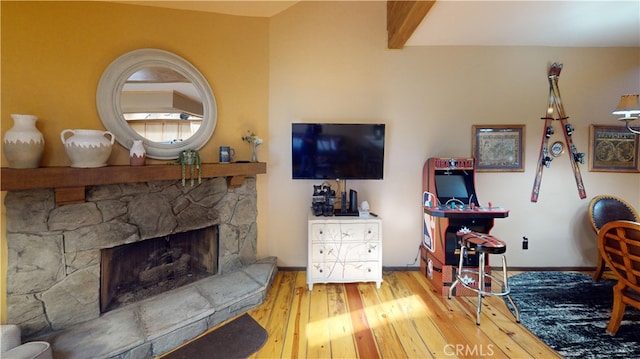 755 Cienega Rd Unit B, Big Bear Lake, CA 92315 - living area featuring baseboards, hardwood / wood-style floors, and a fireplace