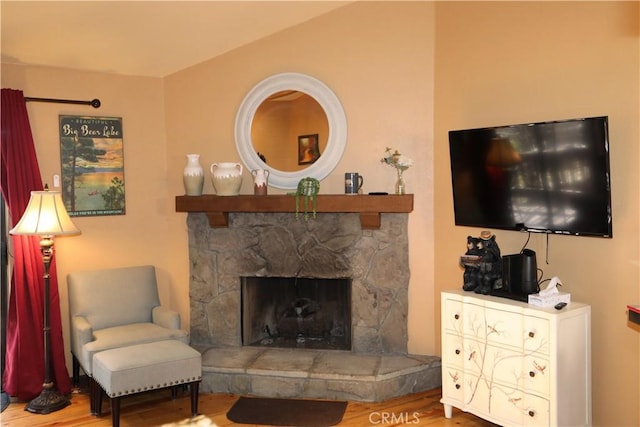 755 Cienega Rd Unit B, Big Bear Lake, CA 92315 - living area featuring a fireplace and wood finished floors