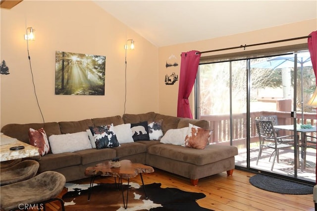 755 Cienega Rd Unit B, Big Bear Lake, CA 92315 - living room with vaulted ceiling and hardwood / wood-style floors