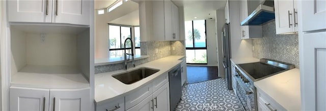 kitchen featuring range hood, stainless steel appliances, a sink, and plenty of natural light