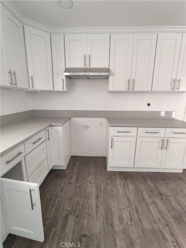 746 Hudson Ave, Costa Mesa, CA 92626 - kitchen with light countertops, dark wood-style flooring, under cabinet range hood, and white cabinets