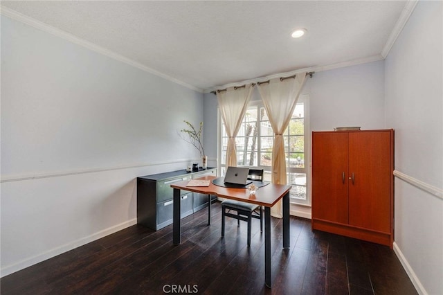 office featuring dark wood finished floors, baseboards, ornamental molding, and recessed lighting
