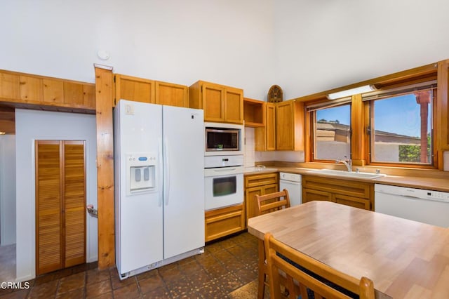 6860 Worth Way, Camarillo, CA 93012 - kitchen with white appliances, a high ceiling, a sink, and open shelves