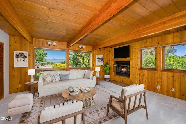 6860 Worth Way, Camarillo, CA 93012 - living room with wooden walls, wood ceiling, a lit fireplace, and beam ceiling
