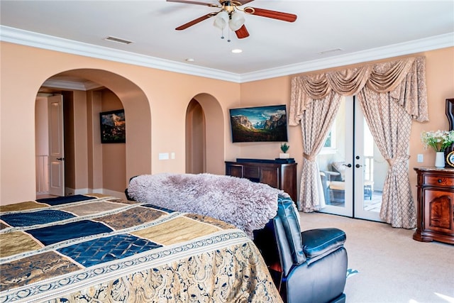 1550 Hibiscus Ave, Azusa, CA 91702 - bedroom with arched walkways, access to exterior, ornamental molding, and carpet floors