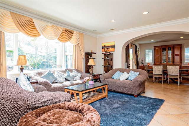 1550 Hibiscus Ave, Azusa, CA 91702 - living area with crown molding, arched walkways, visible vents, recessed lighting, and light tile patterned flooring