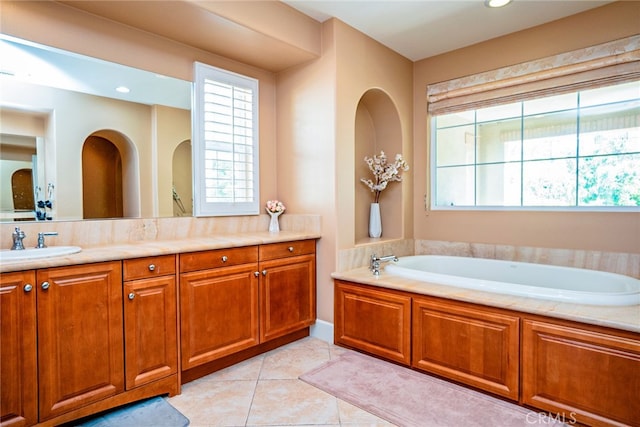 1550 Hibiscus Ave, Azusa, CA 91702 - bathroom with tile patterned flooring, a bath, recessed lighting, and vanity