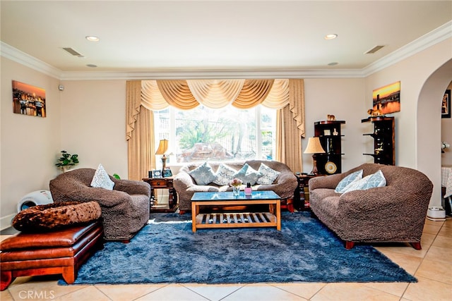 1550 Hibiscus Ave, Azusa, CA 91702 - tiled living room with recessed lighting, arched walkways, visible vents, and ornamental molding