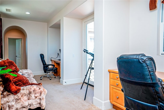1550 Hibiscus Ave, Azusa, CA 91702 - office area featuring baseboards, recessed lighting, visible vents, arched walkways, and light colored carpet