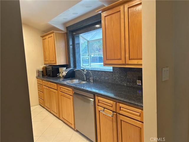 16624 Kelsloan St, Lake Balboa, CA 91406 - kitchen featuring dishwasher, a sink, light tile patterned floors, decorative backsplash, and dark stone countertops