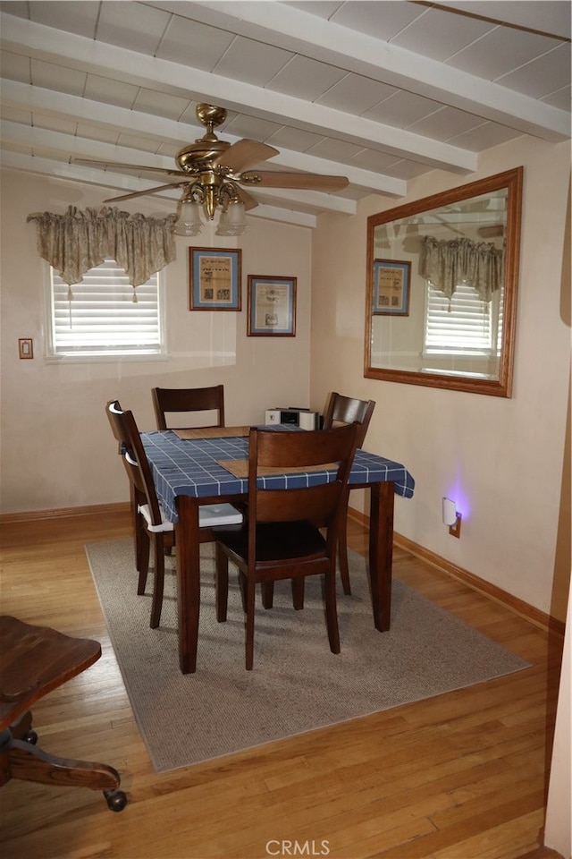 16624 Kelsloan St, Lake Balboa, CA 91406 - dining area with baseboards, beamed ceiling, a ceiling fan, and light wood-style flooring