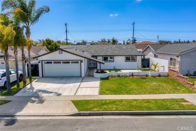 ranch-style home with a front yard, a shingled roof, a garage, fence, and driveway