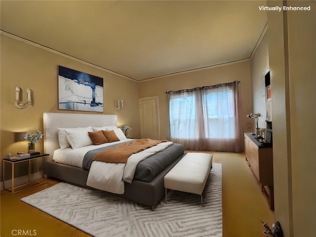 bedroom with crown molding